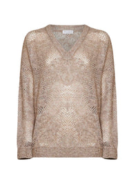 Brunello Cucinelli Women Beige Sparkling Mohair Blend Flower Lace Sweater