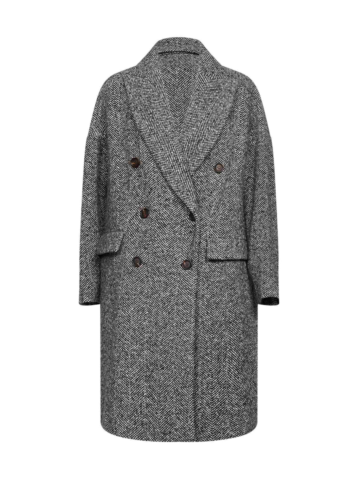 Brunello Cucinelli Women Grey Herringbone Double-Breatsed Coat