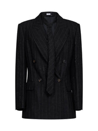 Brunello Cucinelli Women Anthracite Sequin Pinstriped Wool-Blend Blazer With Tie