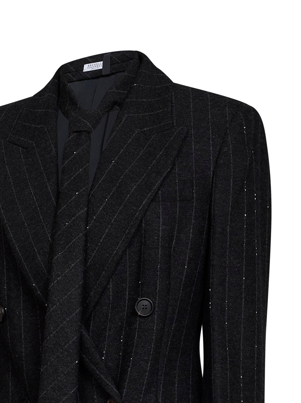 Brunello Cucinelli Women Anthracite Sequin Pinstriped Wool-Blend Blazer With Tie