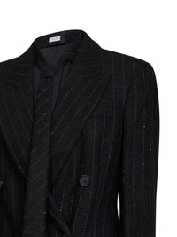 Brunello Cucinelli Women Anthracite Sequin Pinstriped Wool-Blend Blazer With Tie