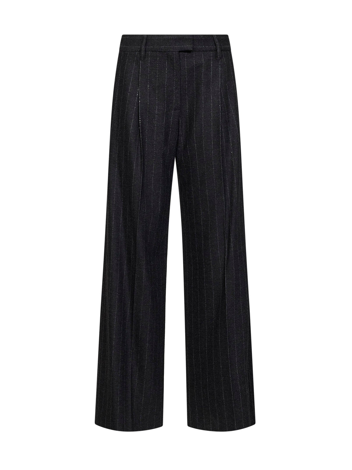 Brunello Cucinelli Women Anthracite Sequin Pinstriped Wool Blend Loose Pleated Trousers