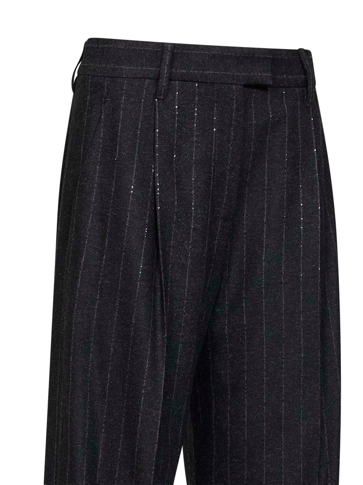 Brunello Cucinelli Women Anthracite Sequin Pinstriped Wool Blend Loose Pleated Trousers
