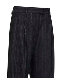 Brunello Cucinelli Women Anthracite Sequin Pinstriped Wool Blend Loose Pleated Trousers
