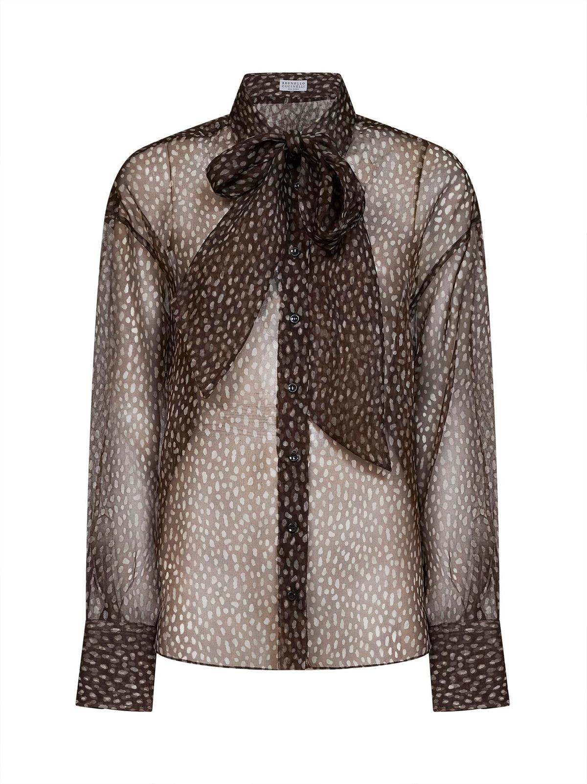 Brunello Cucinelli Women Chocolate Dapple Silk Organza Shirt With Neck Tie