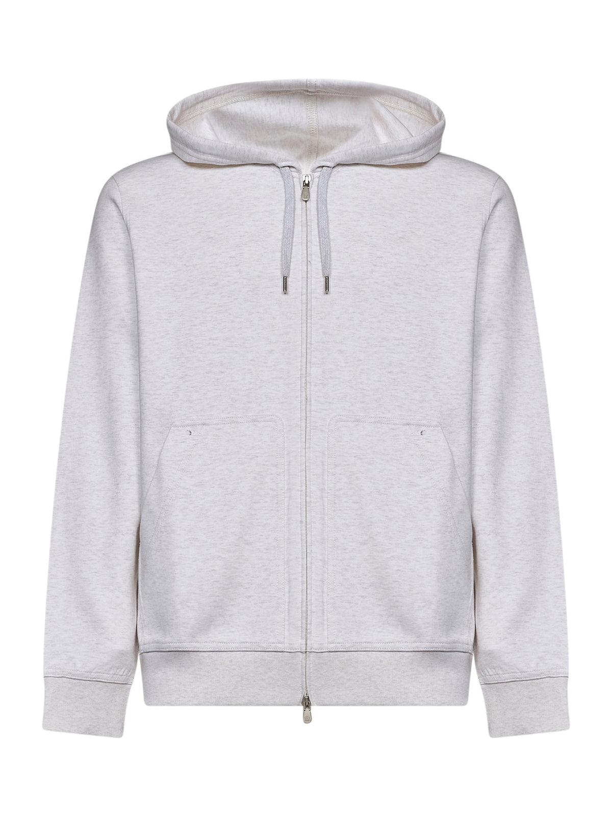 Brunello Cucinelli Men Travertine White Techno Cotton Double Jersey Zip-Up Hoodie