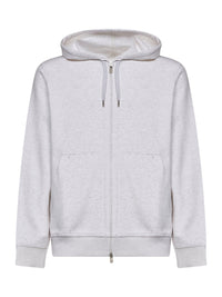 Brunello Cucinelli Men Travertine White Techno Cotton Double Jersey Zip-Up Hoodie