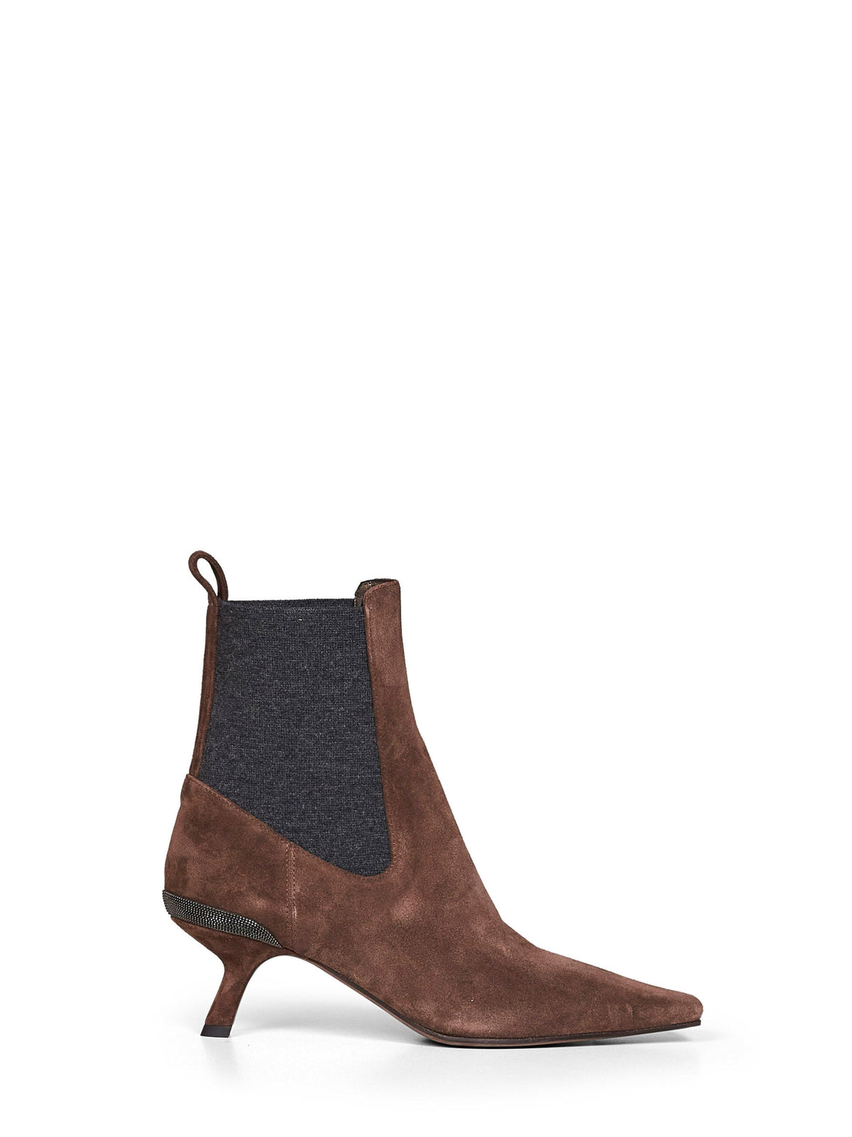 Brunello Cucinelli Women Espresso Suede Heeled Ankle Boots With Precious Details