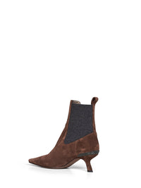 Brunello Cucinelli Women Espresso Suede Heeled Ankle Boots With Precious Details