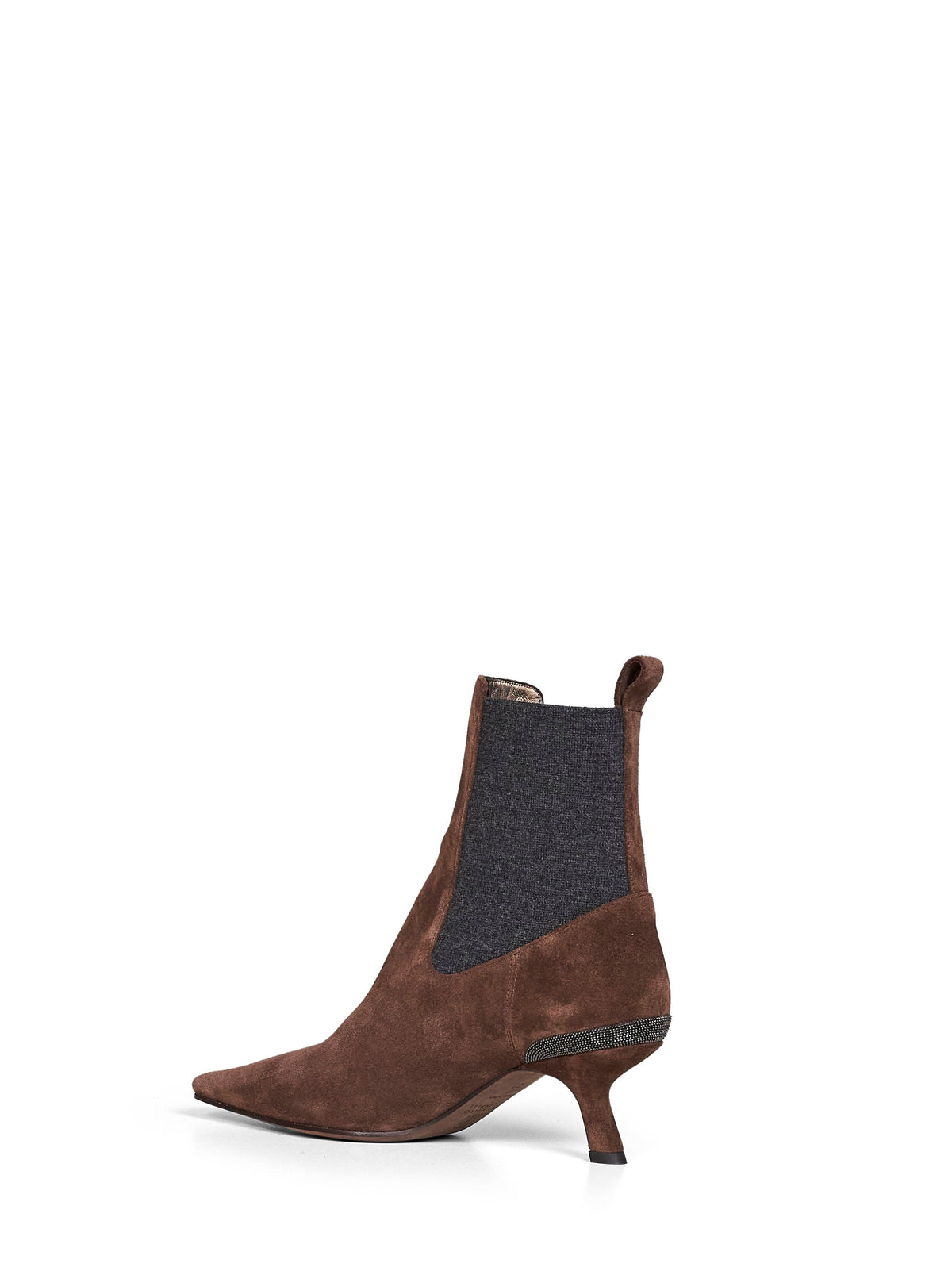 Brunello Cucinelli Women Espresso Suede Heeled Ankle Boots With Precious Details