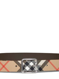 Burberry Men Sand Beige And Military Brown Reversible B Buckle Check Belt