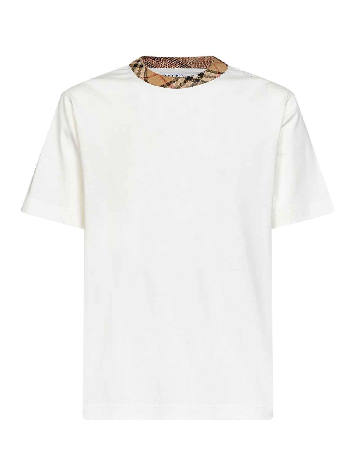 Burberry Men Chalk White Cotton T-Shirt With Check Trim