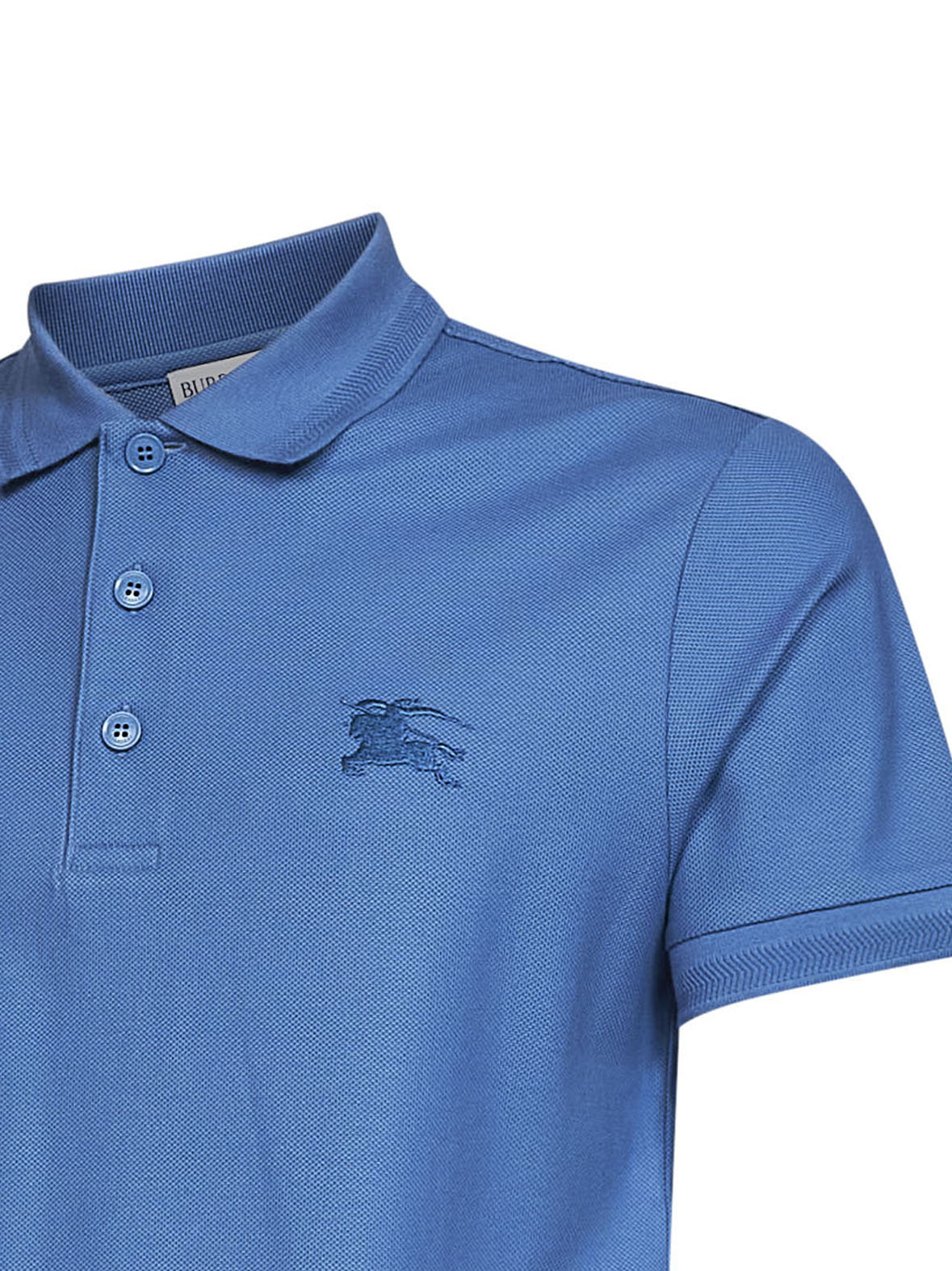 Burberry Men Pool Blue Cotton Pique Polo Shirt With Embroidered Ekd