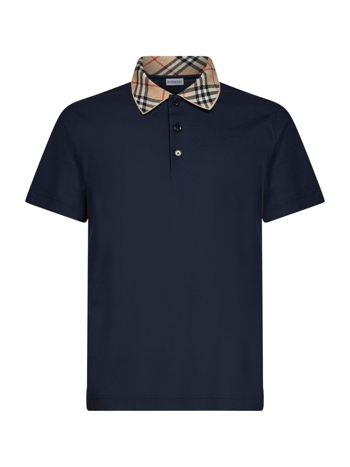 Burberry Men Navy Blue Cotton Pique Polo Shirt With Check Collar