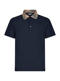 Burberry Men Navy Blue Cotton Pique Polo Shirt With Check Collar