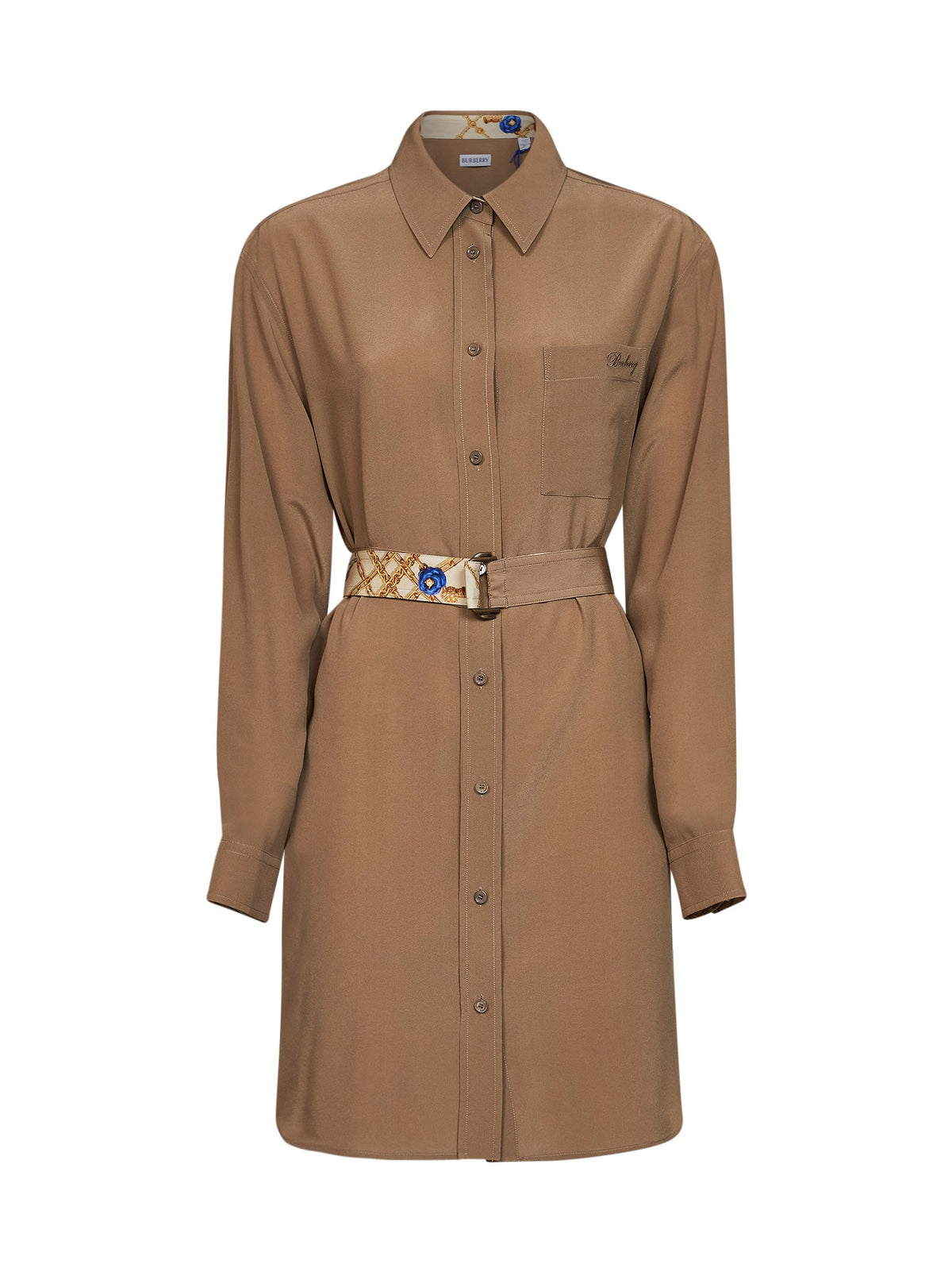 Burberry Women Camel Silk Belted Shirt Dress