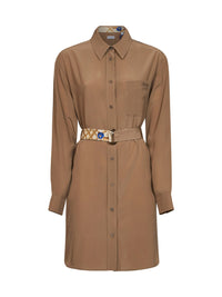 Burberry Women Camel Silk Belted Shirt Dress
