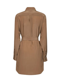 Burberry Women Camel Silk Belted Shirt Dress