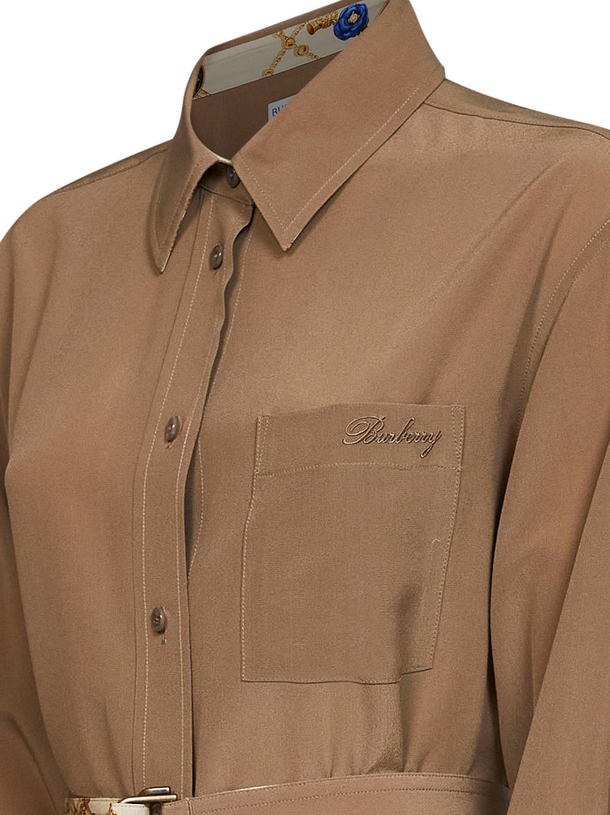 Burberry Women Camel Silk Belted Shirt Dress