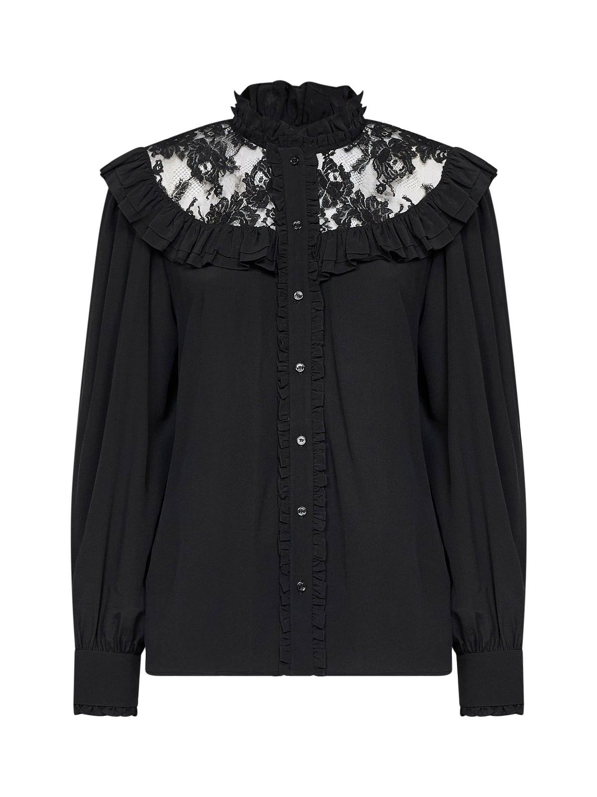 Chloé Women Black Silk Crêpe De Chine Ruffled Blouse With Lace Detail