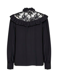 Chloé Women Black Silk Crêpe De Chine Ruffled Blouse With Lace Detail
