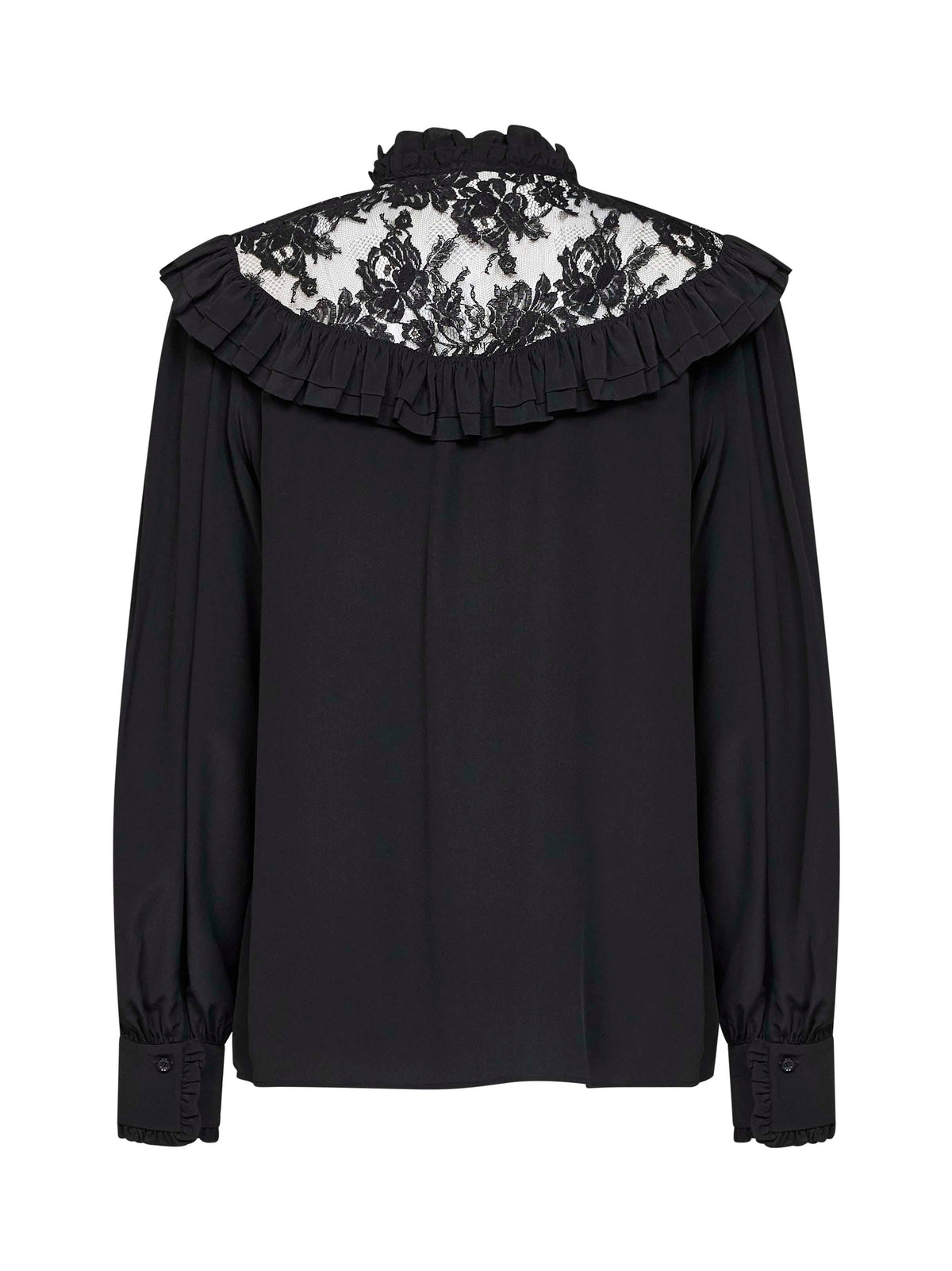 Chloé Women Black Silk Crêpe De Chine Ruffled Blouse With Lace Detail