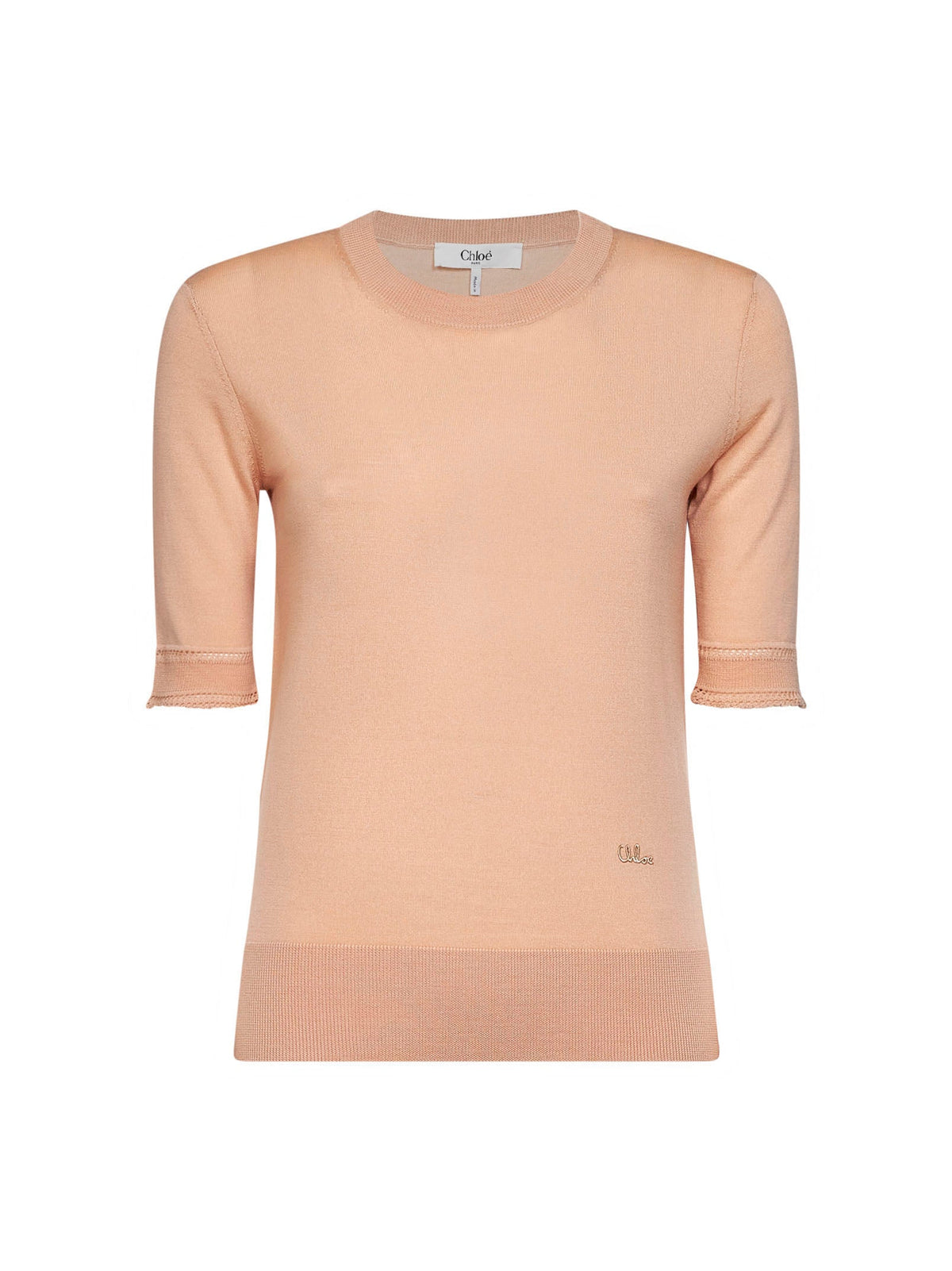 Chloé Women Tender Peach Virgin Wool Knit Embroidered Short-Sleeved Sweater