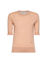 Chloé Women Tender Peach Virgin Wool Knit Embroidered Short-Sleeved Sweater