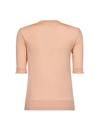Chloé Women Tender Peach Virgin Wool Knit Embroidered Short-Sleeved Sweater