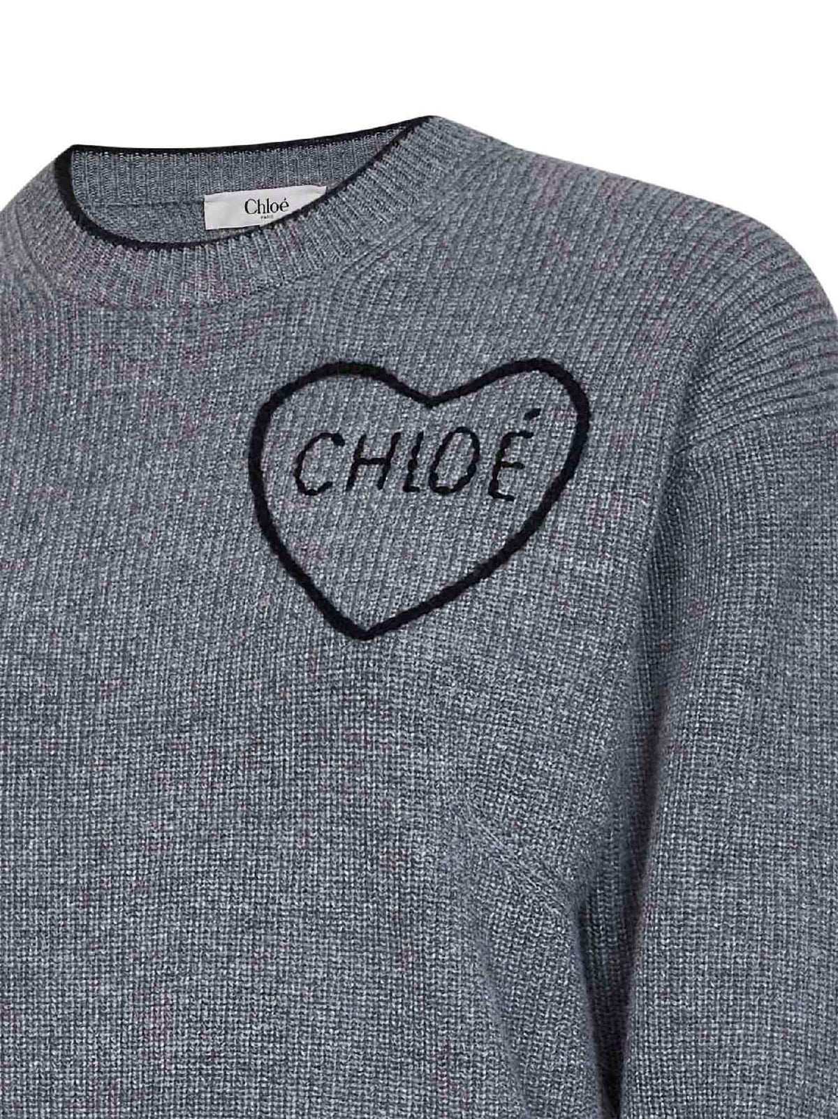 Chloé Women Divine Grey Wool And Cashmere Knit Embroidered Crewneck Sweater