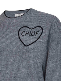 Chloé Women Divine Grey Wool And Cashmere Knit Embroidered Crewneck Sweater