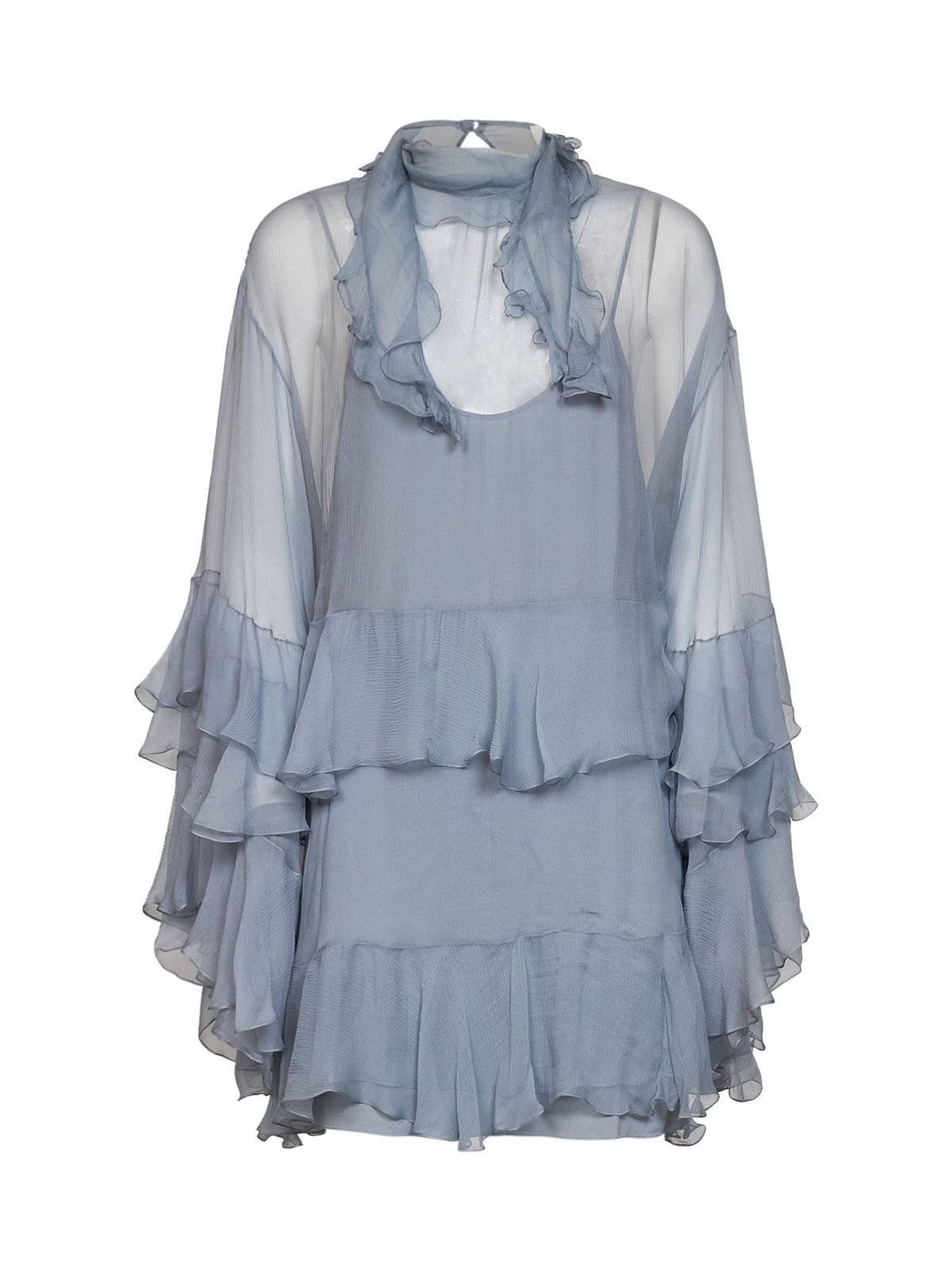 Chloé Women Light Blue Silk Muslin Ruffled Mini Dress