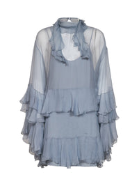 Chloé Women Light Blue Silk Muslin Ruffled Mini Dress
