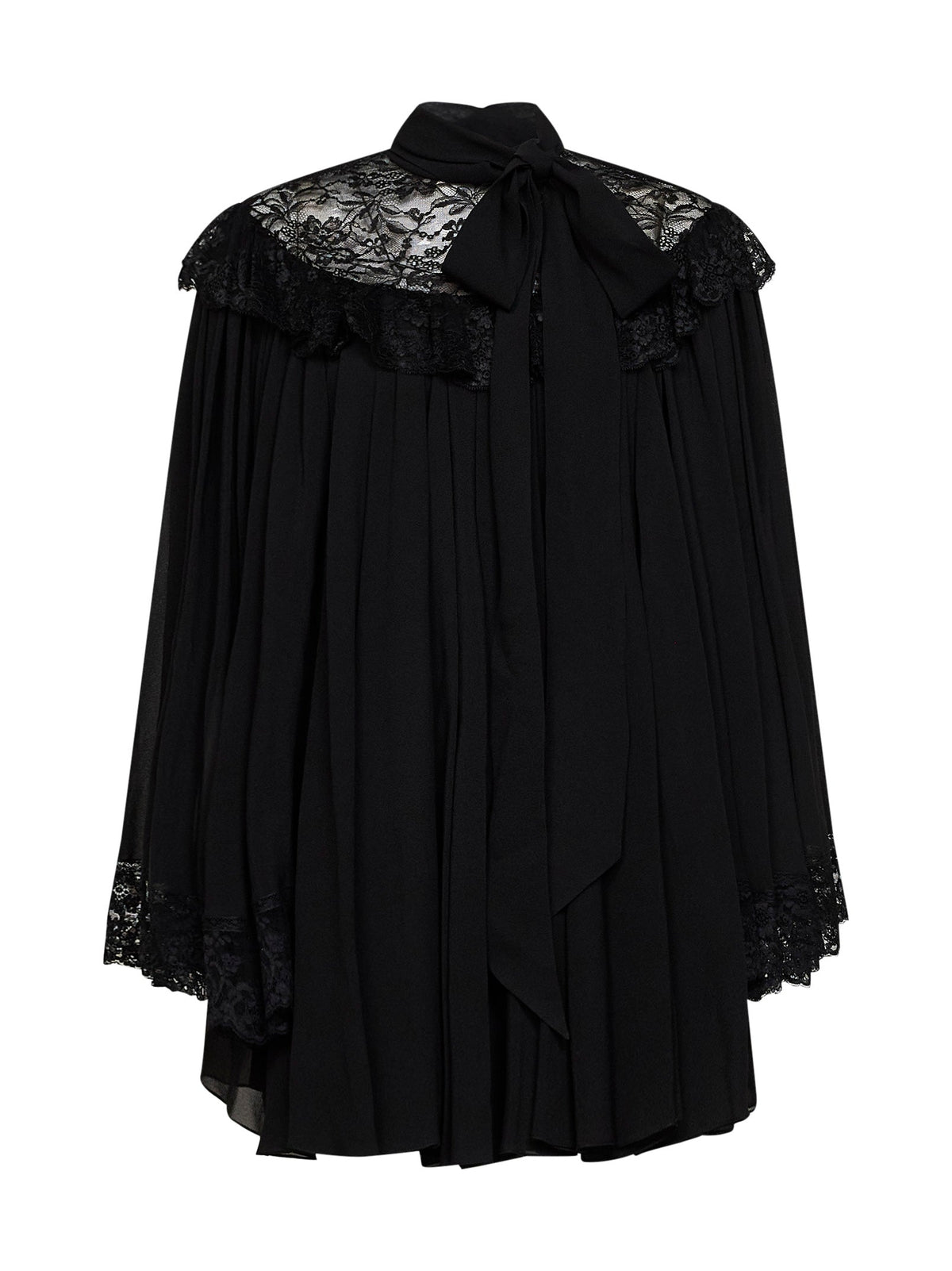 Chloé Women Black Silk Pleated Mini Dress With Lace Yoke