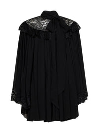 Chloé Women Black Silk Pleated Mini Dress With Lace Yoke