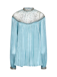 Costarellos Women Sky Blue Lurex Georgette Timea Top With Crystal Embroidery