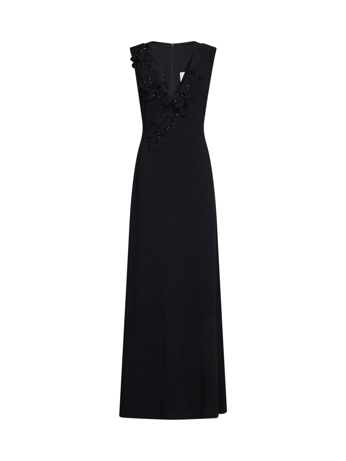 Costarellos Women Black Crêpe Jevi Column Gown With Floral Appliqués
