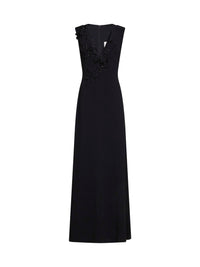 Costarellos Women Black Crêpe Jevi Column Gown With Floral Appliqués