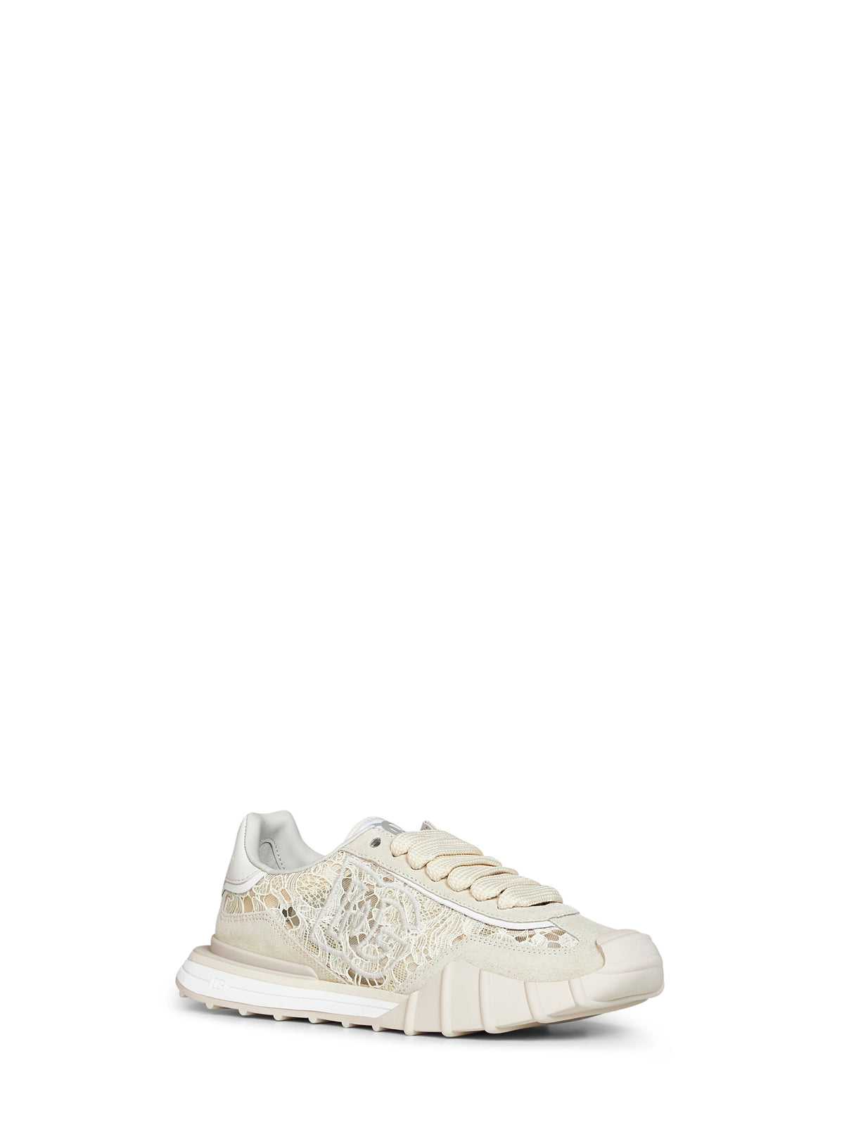 Dolce & Gabbana Women Beige And Chalk Lace And Calf Suede Low-Top Sneakers