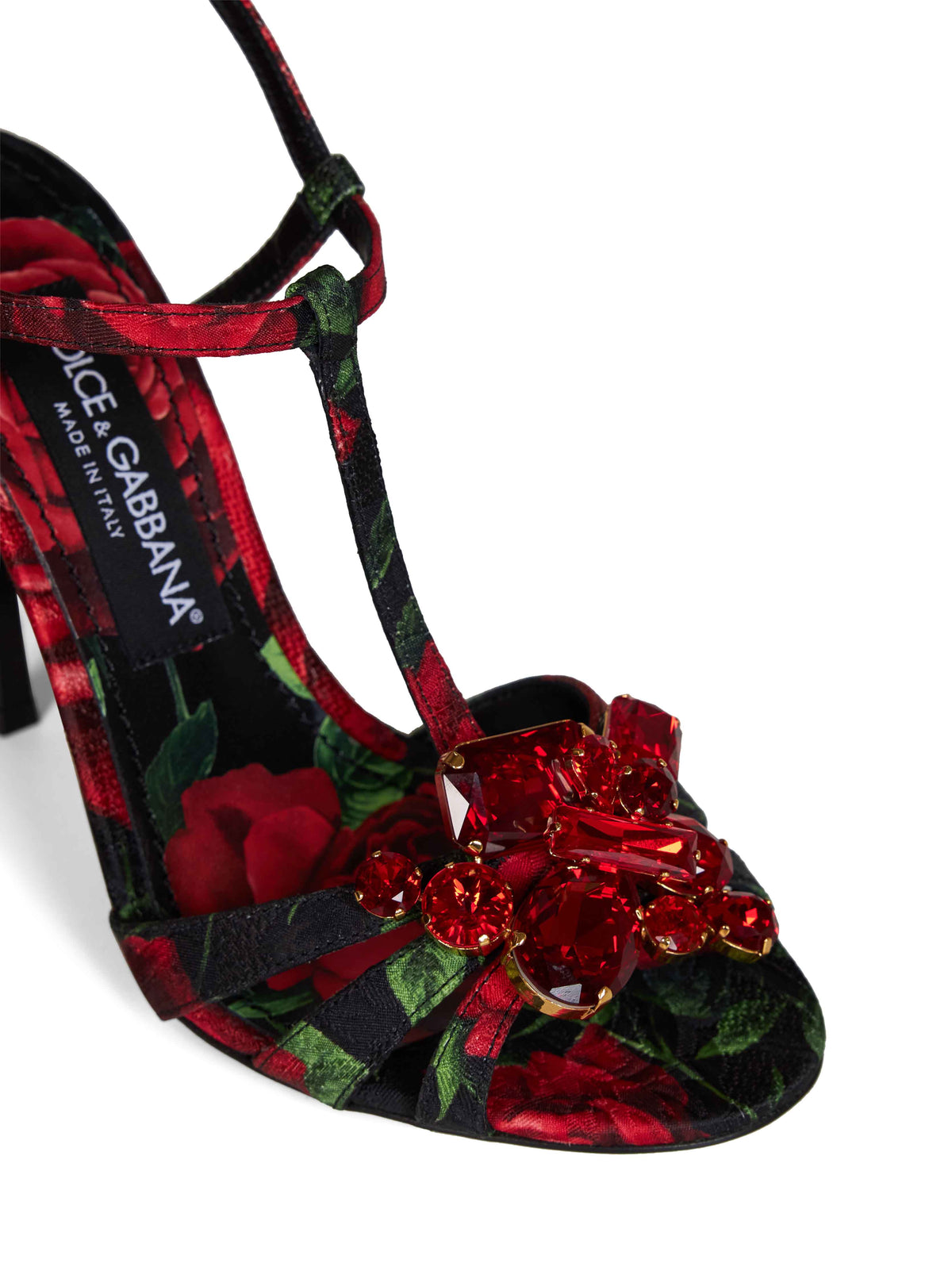 Dolce & Gabbana Women Black Rose-Print Brocade Sandals With Jeweled Brooch