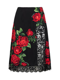 Dolce & Gabbana Women Black Rose-Print Silk-Blend And Black Flared Midi Skirt