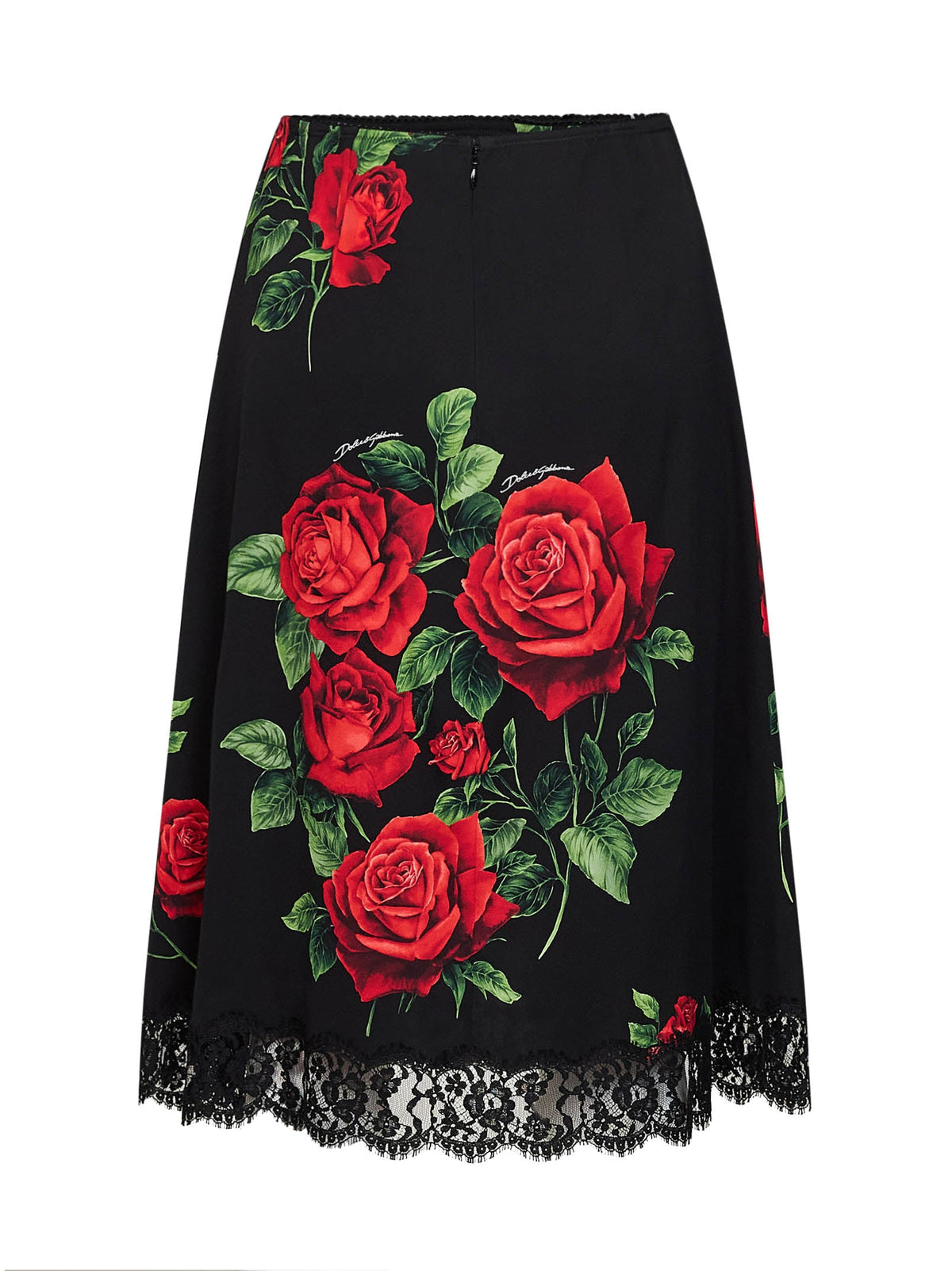 Dolce & Gabbana Women Black Rose-Print Silk-Blend And Black Flared Midi Skirt