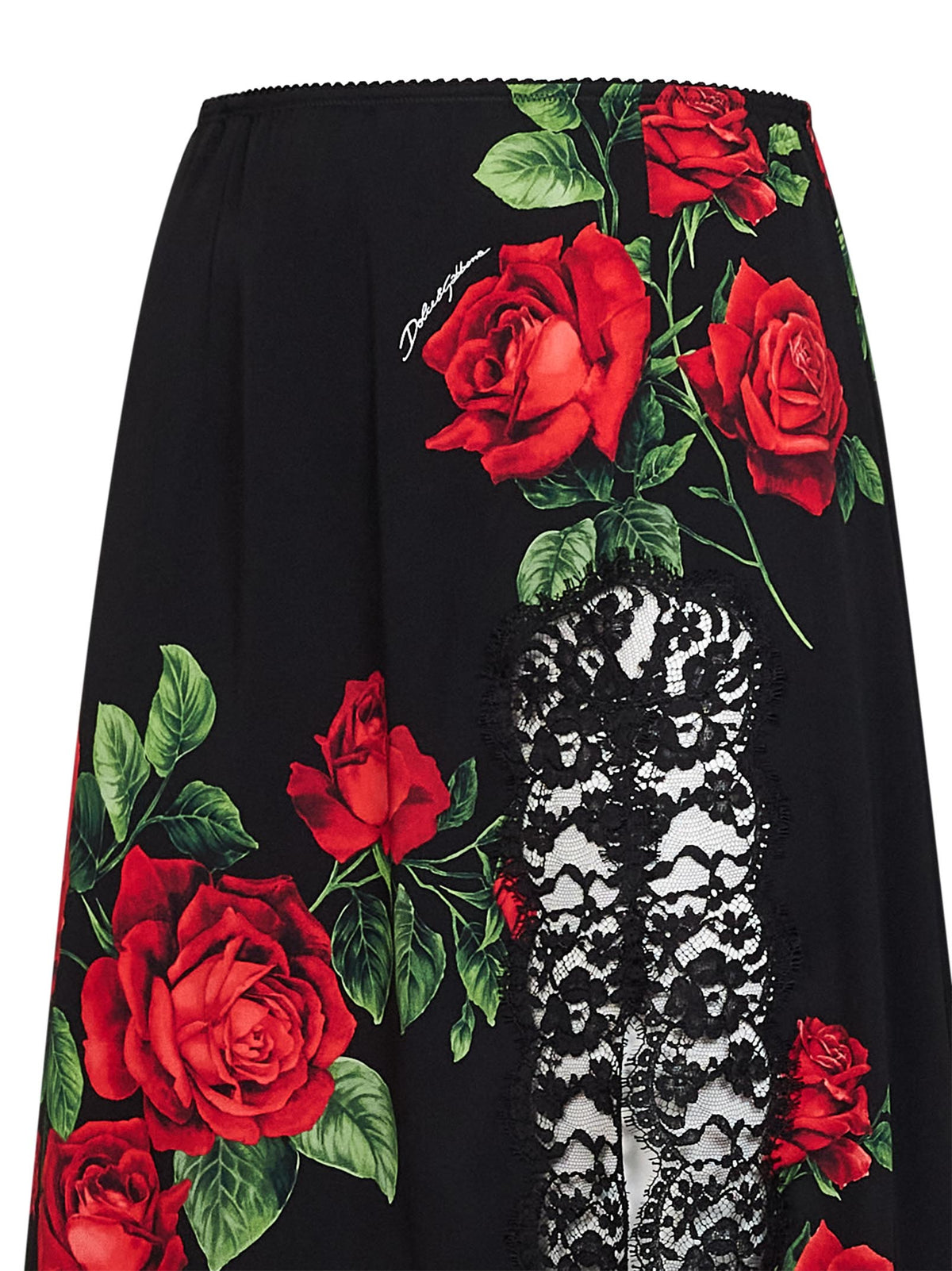 Dolce & Gabbana Women Black Rose-Print Silk-Blend And Black Flared Midi Skirt