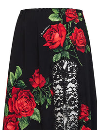 Dolce & Gabbana Women Black Rose-Print Silk-Blend And Black Flared Midi Skirt