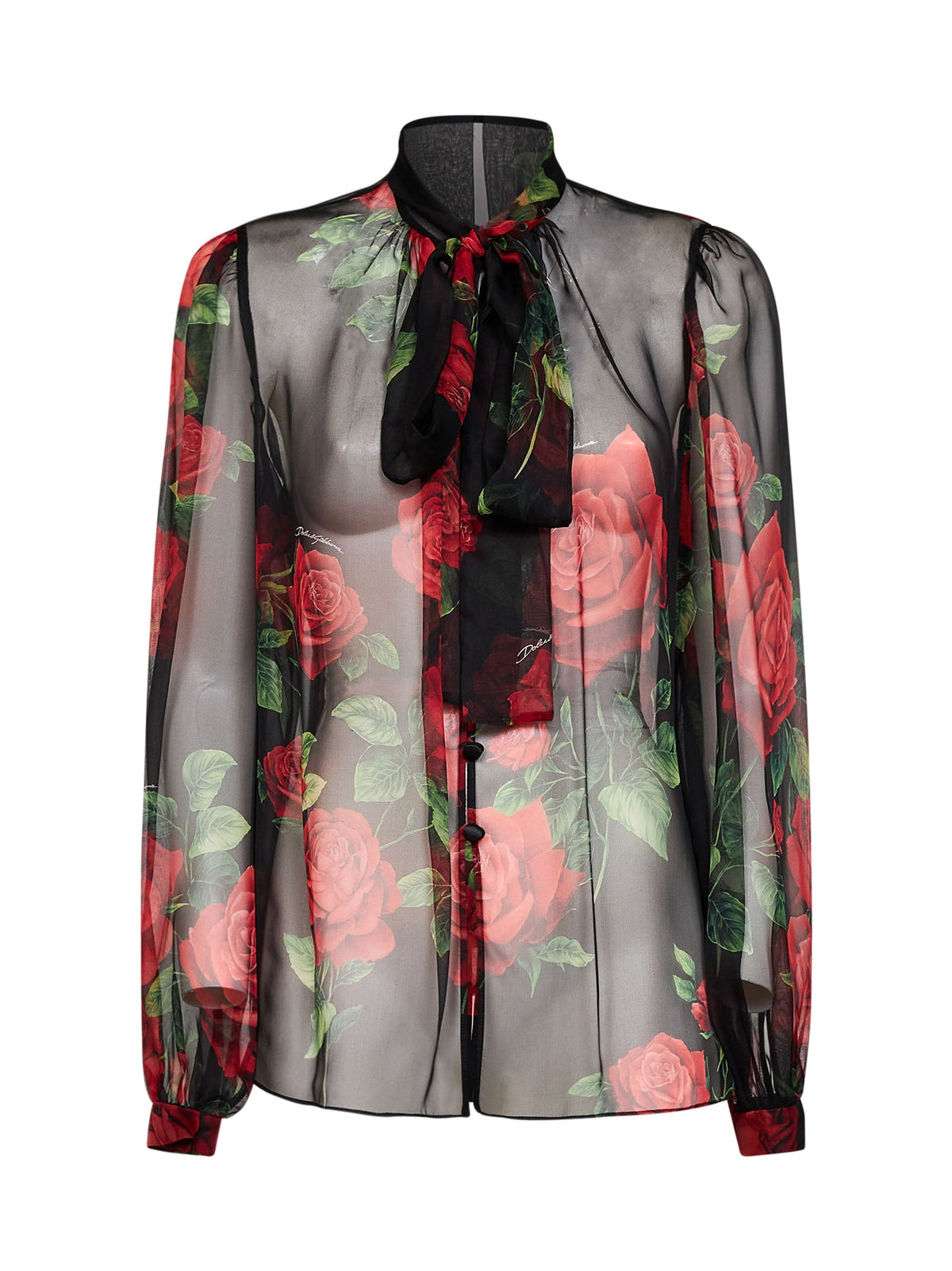 Dolce & Gabbana Women Black Rose-Print Silk Chiffon Blouse