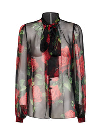 Dolce & Gabbana Women Black Rose-Print Silk Chiffon Blouse