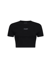 Dolce & Gabbana Women Black Stretch Jersey Cropped T-Shirt With Logo