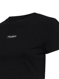 Dolce & Gabbana Women Black Stretch Jersey Cropped T-Shirt With Logo