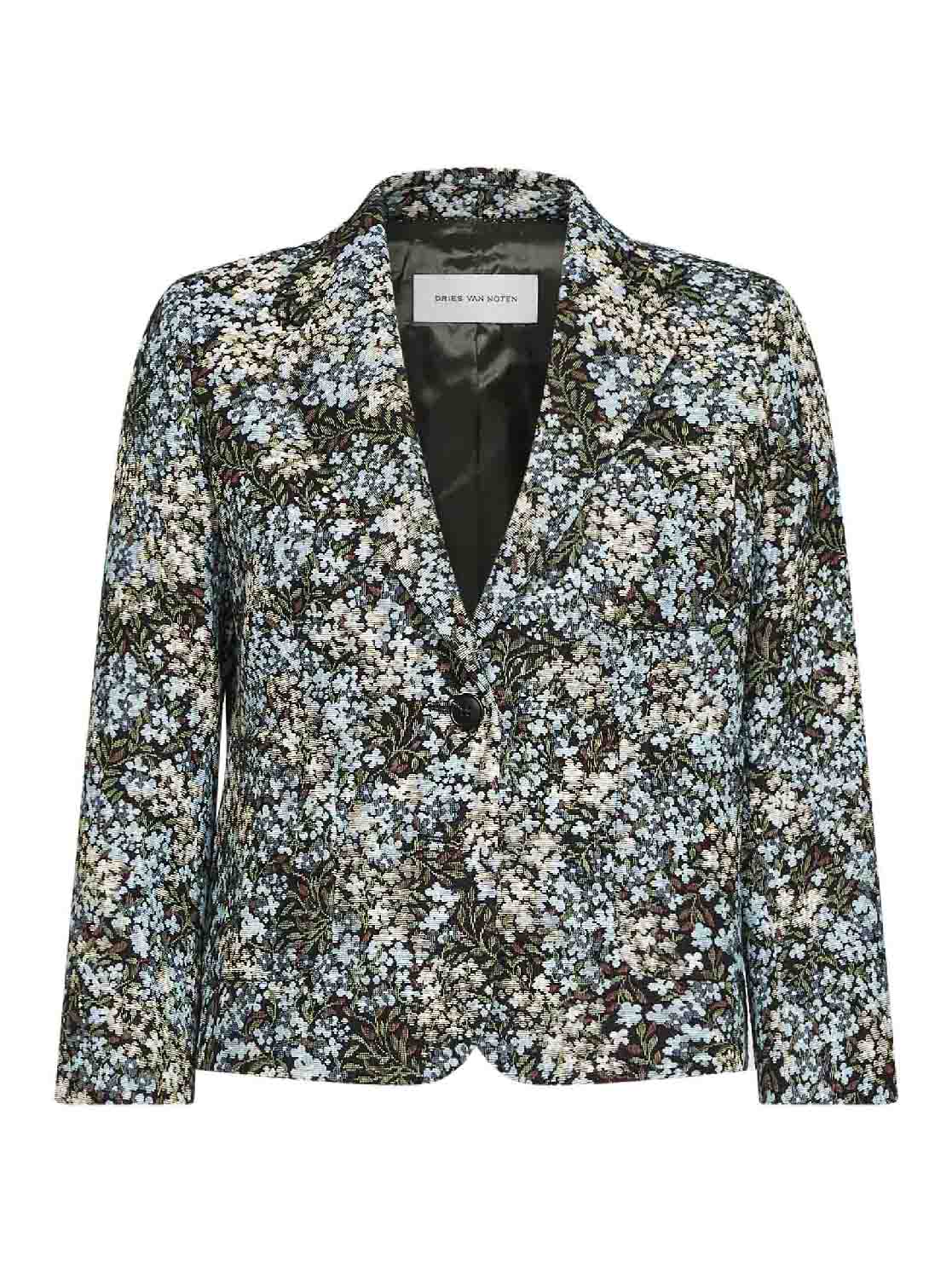 Dries Van Noten Women Sky Blue Floral Jacquard Cotton-Blend Bamis Blazer