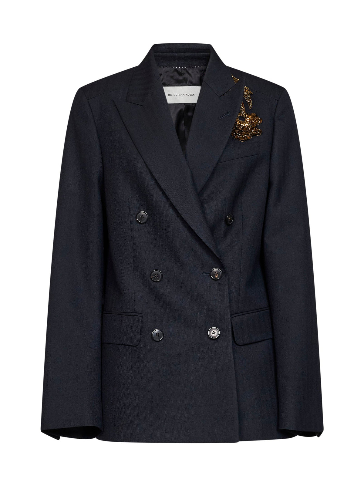 Dries Van Noten Women Navy Blue Chevron Wool Barrysta Embroidered Blazer